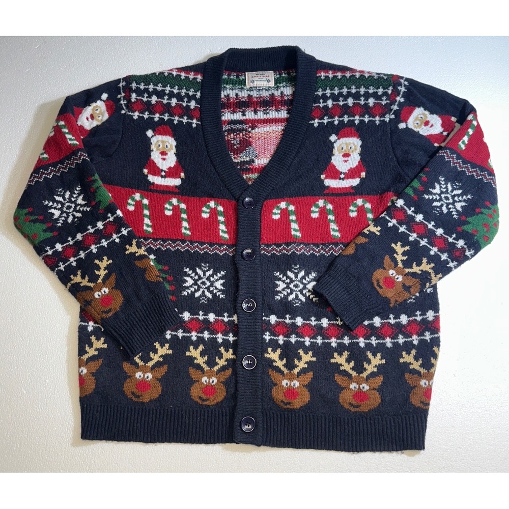 Merry Christmas Daisys Boutique Cardigan Sweater XXL Navy‎ Blue Santa Reindeer